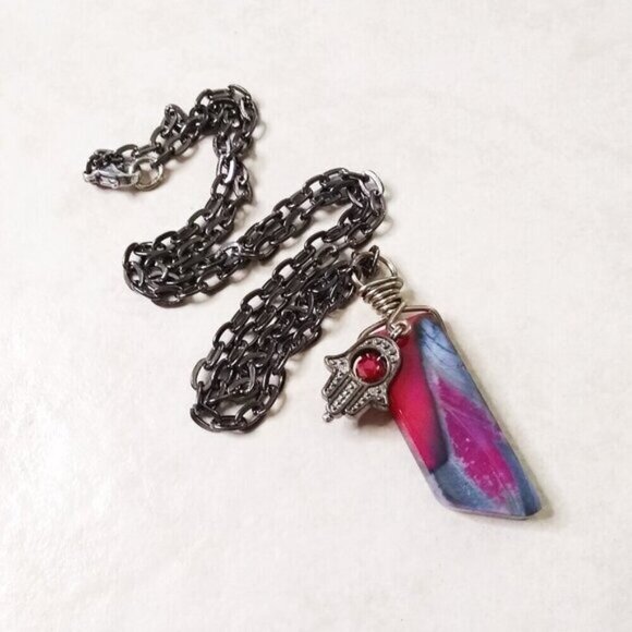 Hamsa Hand: Blessings + Protection! Unique Black Gray & Rich Pink Agate Necklace - Picture 1 of 12